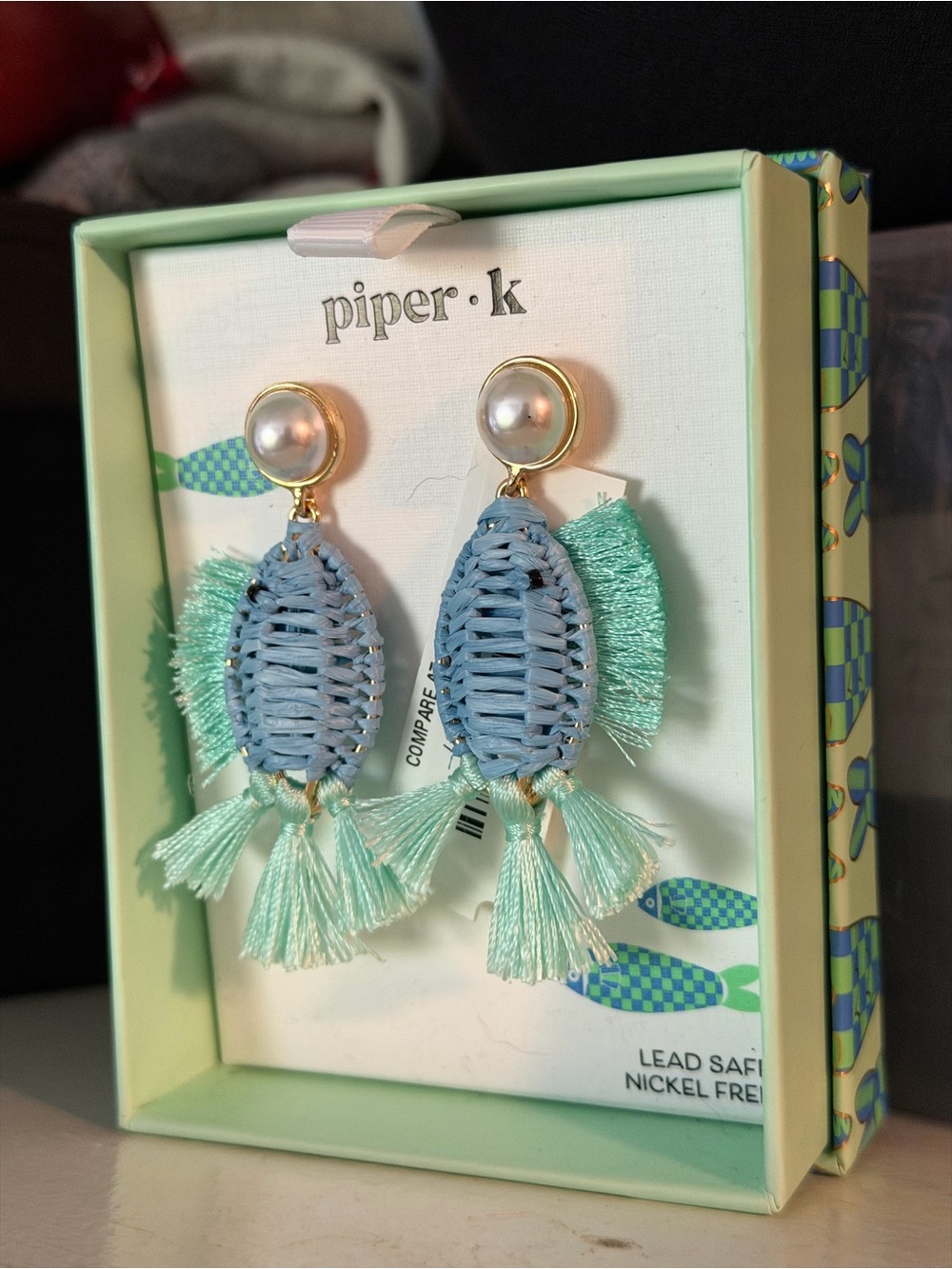 Piper Mint & Light Blue Woven fish Tassel Earrings for cute for Lilly